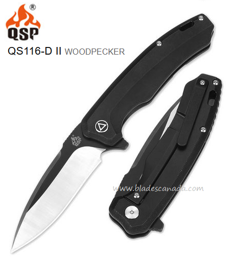 QSP Woodpecker Flipper Framelock Knife, M390 Black, Titanium Black, QS116-D II